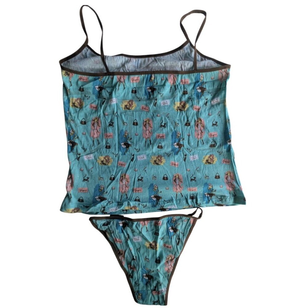 Dangerous Duds Cami & Thong Set Sz XL Teal Girlfriend Print Cotton